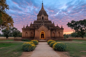 A temple at sunrise, with golden spiritual energy radiating from its sacred center