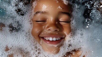 Joyful child enjoying a bubbly bath.  A happy young girl with eyes closed, smiling broadly, immersed in a bath filled with suds. 