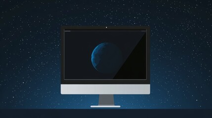 
Simple background, blue gradient, planet earth below the horizon line with an open computer screen floating above it