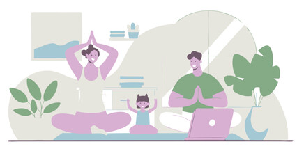A young family practices yoga at home, following an online workout on a laptop. A parent and a child do the exercises with smiles, enjoying the moment.