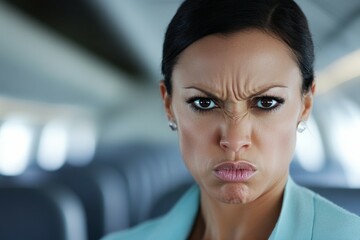Fototapeta premium African female adult expressing anger with furrowed brows in professional setting