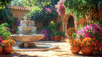 A beautiful sunlit courtyard features a stone fountain and vibrant flowers
