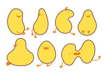Cute Animal Duck characters set. Hand drawn farm animal design of yellow duck, duckling, chick in different pose. Kawaii cute character design. Hand drawn funny ducks in doodle style.