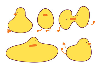 Cute funny goose hand drawn characters. Fun yellow ducks or geese. Adorable baby duck illustration for sticker, clipart, education. Funny duck in different poses and forms. Funny duck or goose mascot