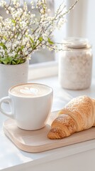 Cappuccino and croissant creating a cozy breakfast scene by the window