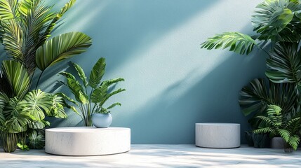 Vibrant green plants flourish against a soft blue wall, creating a tranquil indoor garden. Sleek seating complements the natural beauty, illuminated by gentle sunlight