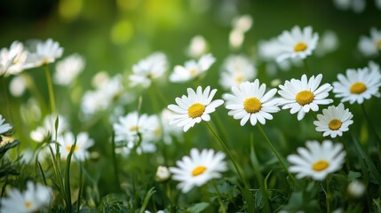 Daisies bloom in soft focus, filling the frame with white petals and green. Use for backgrounds, spring projects, or a touch of natural beauty.