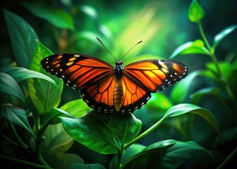 Fototapeta premium Macro Photography: Vivid Orange Black Butterfly on Green Leaves, Nature Wallpaper, Dark Background
