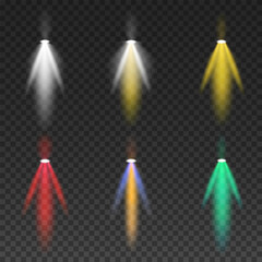 Set of scenic spotlight illumination isolated on transparent background.