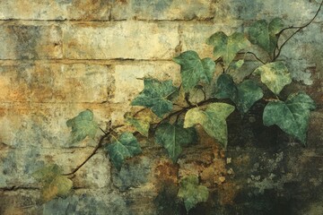 Ivy vine climbing on a weathered brick wall, creating a rustic, natural scene.
