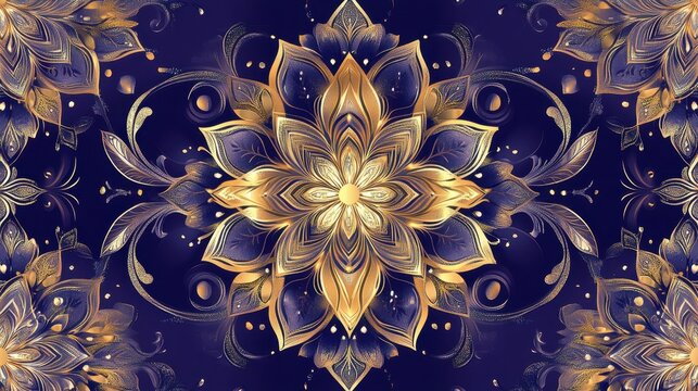 A beautifully designed Thai pattern tile plate with glossy gold floral engravings on a royal purple background