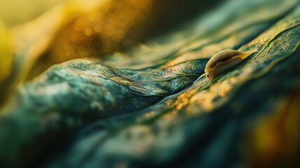 A small slug is slowly crawling on a detailed green leaf surface