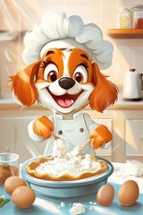 Cheerful cartoon dog chef baking in a kitchen scene