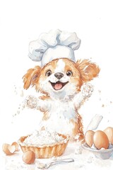 Cheerful cartoon puppy baking with eggs and flour in chef hat