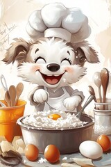 Happy cartoon puppy chef baking with joyful enthusiasm