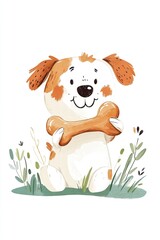 Cute cartoon dog holding a bone in grass illustration
