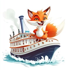 Cheerful cartoon fox captain on adventure cruise ship at sea