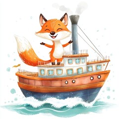 Cheerful cartoon fox on a steamboat in the ocean