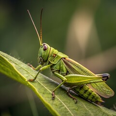 Green grasshopper on a leaf with detailed close-up view of its legs and antennae in a natural outdoor setting