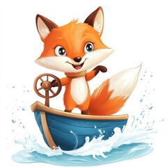 Cheerful cartoon fox sailing on boat amidst ocean waves