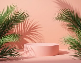 Obraz premium Minimalist Product Display Podium with Palm Leaves and Shadows on Coral