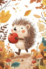 Adorable hedgehog in autumn forest holding red apple surrounded by colorful leaves and mushrooms
