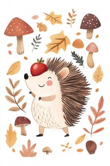 Charming hedgehog with apple surrounded by autumn leaves and mushrooms