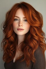 Fototapeta premium Close-up portrait of a young woman with flowing red hair and soft makeup captured in a natural light setting showcasing a serene expression