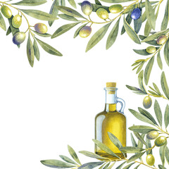 Watercolor green purple olives branch olive oil bottle frame square. Hand painted floral illustration fruits, tree branches, leaves isolated background. Drawings food. Edible foliage. Menu wrapping