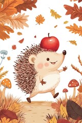 Cheerful cartoon hedgehog walking in autumn forest with apple on head