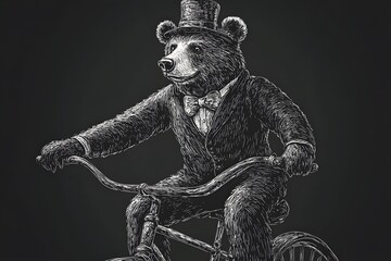 Fototapeta premium Whimsical Sketch of a Circus Bear Riding a Bicycle in Vintage Engraved Style