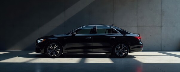 Obraz premium Black sedan, minimalist backdrop, intense shadows, texture, style, sport