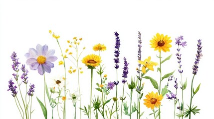 Fototapeta premium Lavender Purple and Sunflower Yellow Botanical Illustration with Delicate Blooms and White Background for Wall Art Watercolor, Vector Design
