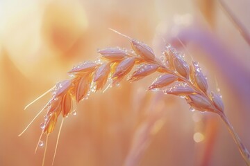 Dew-kissed wheat stalk at sunrise, showcasing nature's delicate beauty and golden hour light.