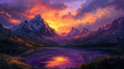 Fototapeta premium Fiery Sunset over Majestic Mountains and Serene Lake