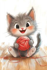 Cute fluffy kitten with yarn ball on wooden floor