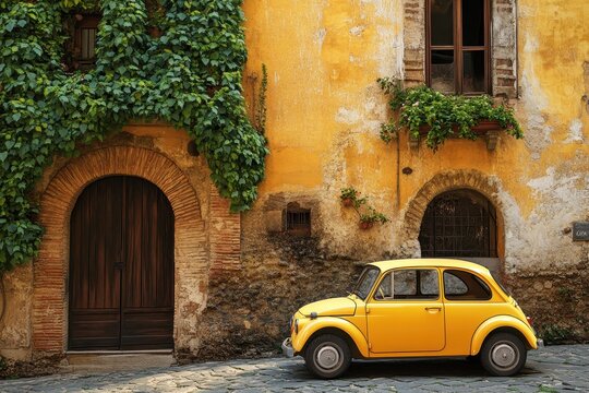A vintage yellow car is parked on a cobblestone street next to a rustic Italian building. - Powered by Adobe