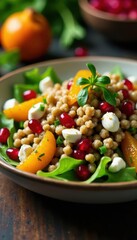 Buckwheat salad with lamb's lettuce, pomegranate, goat cheese, mandarin & spring onion , black background, pomegranate seeds