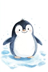 Cute baby penguin standing on snowy ice with gentle smile