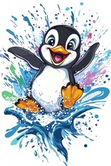 Cheerful cartoon penguin splashing in colorful water burst