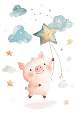 Cute piglet flying star kite among clouds and stars in whimsical watercolor art