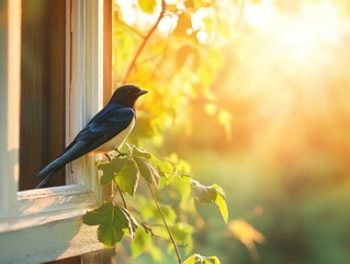 Swallow perched on open window amidst sunlit foliage symbolizing new beginnings