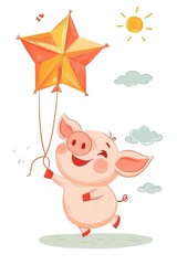 Cheerful cartoon piglet with a star-shaped balloon under a sunny sky