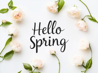 Elegant handwritten Hello spring surrounded by white roses on soft background
