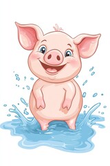 Happy cartoon pig splashing joyfully in water
