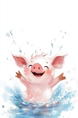Joyful cartoon piglet playing in water illustration with splashing water and smiling expression