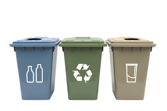 Promoting sustainable living with color coded recycling bins in dark background  on transparent background