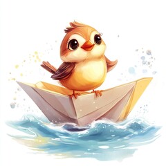 Charming cartoon sparrow sailing in paper boat on playful waves