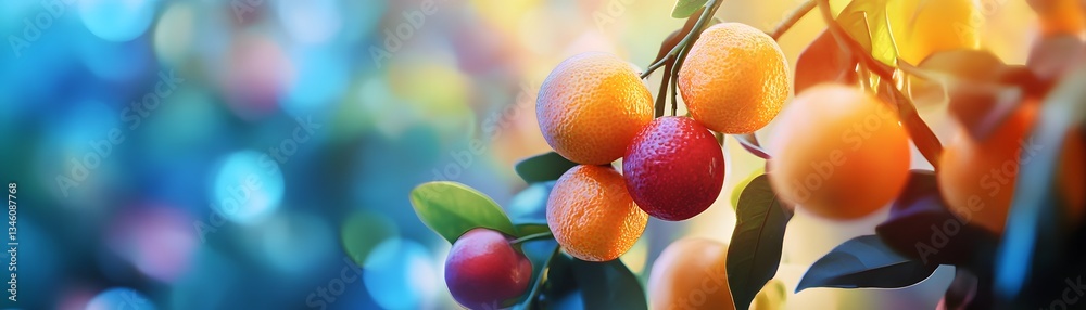 Poster ripe tangerines growing on branch with bokeh background
