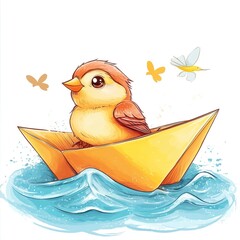 Cute cartoon chick sailing in yellow origami boat with butterflies and bird
